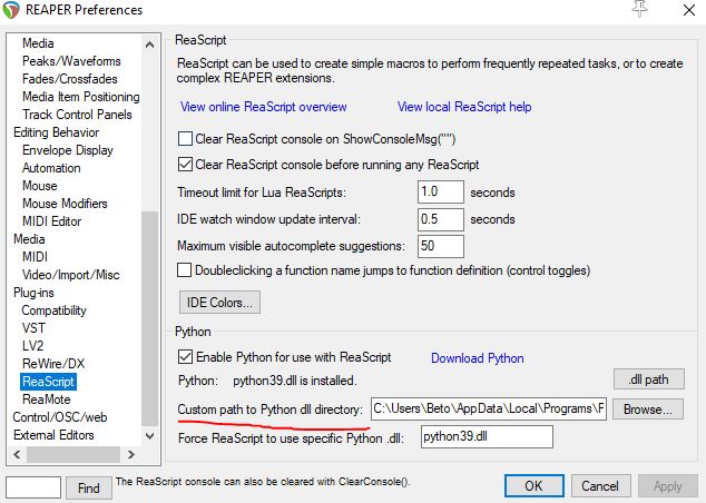REAPER Python settings