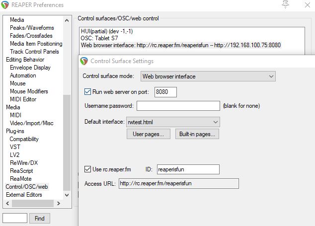 REAPER web interface settings